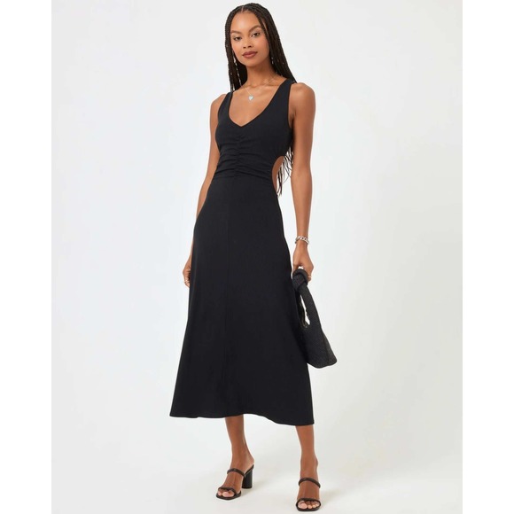 l*space Dresses & Skirts - L Space Black Ribbed Knit Midi Dress Sleeveless Cutout V Neck Women's Medium